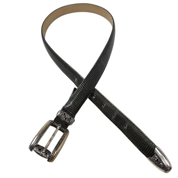 Brighton L Brown Snakeskin Embossed Leather Belt Classic Career Silver Hardware - Picture 1 of 5